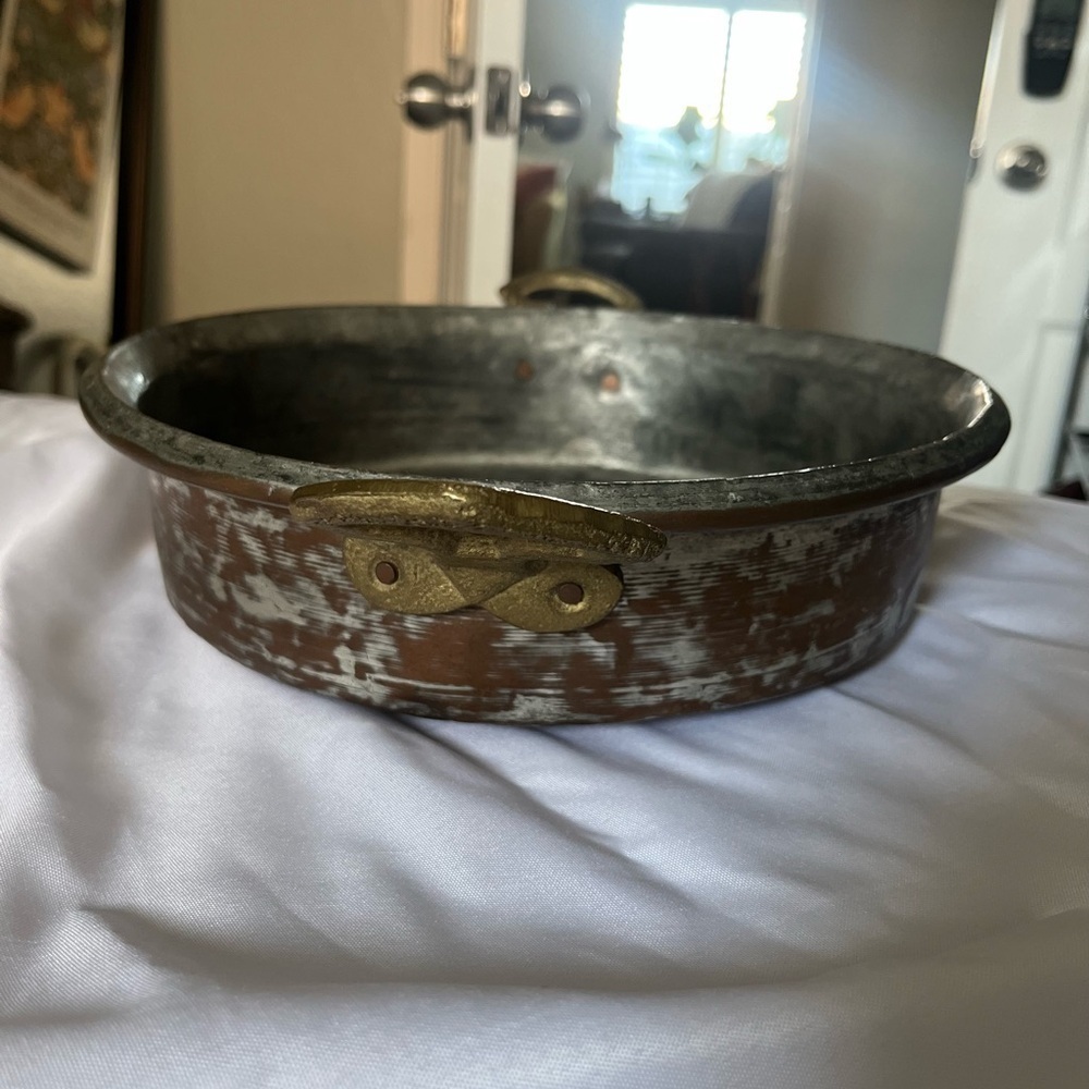 Vintage Copper Brass Round Hammered Bottom Pan Double Handles Wall Decor - Picture 7 of 12